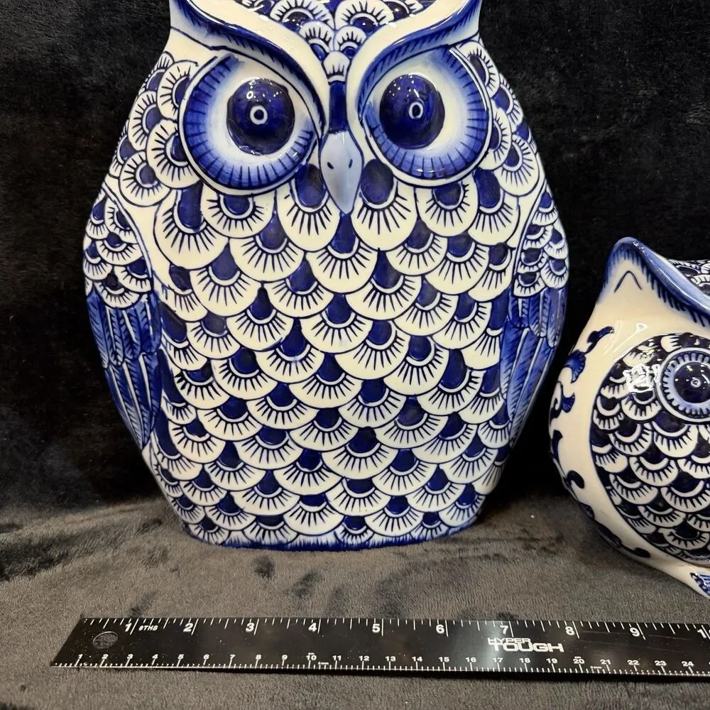 Pier 1 Imports Retired Chinoiserie Owl Decor Large Figurines Set of 2 Ceramic